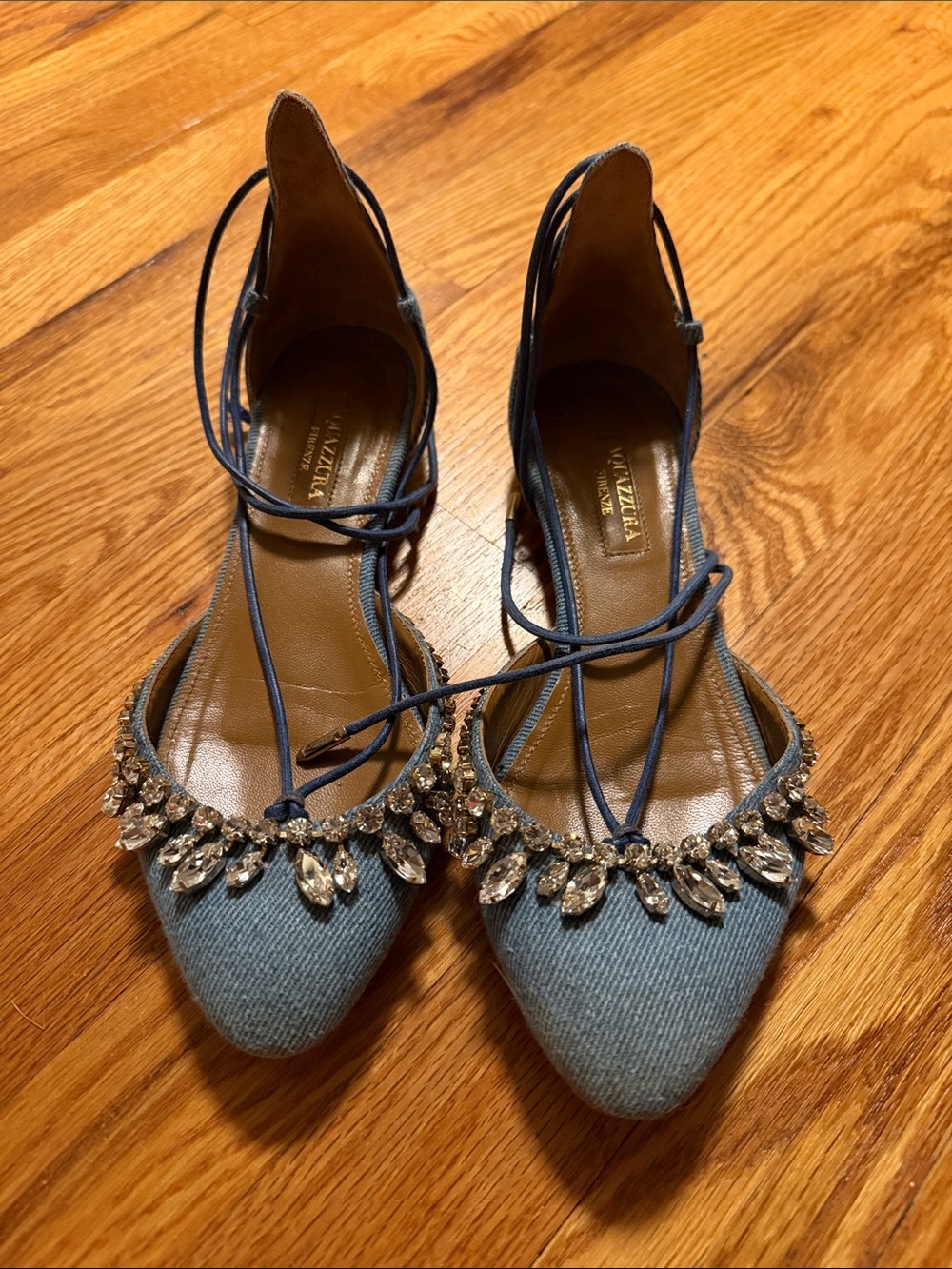 Aquazzura Light Blue Crystal-Embellished Lace-Up Pointed Flats size 35